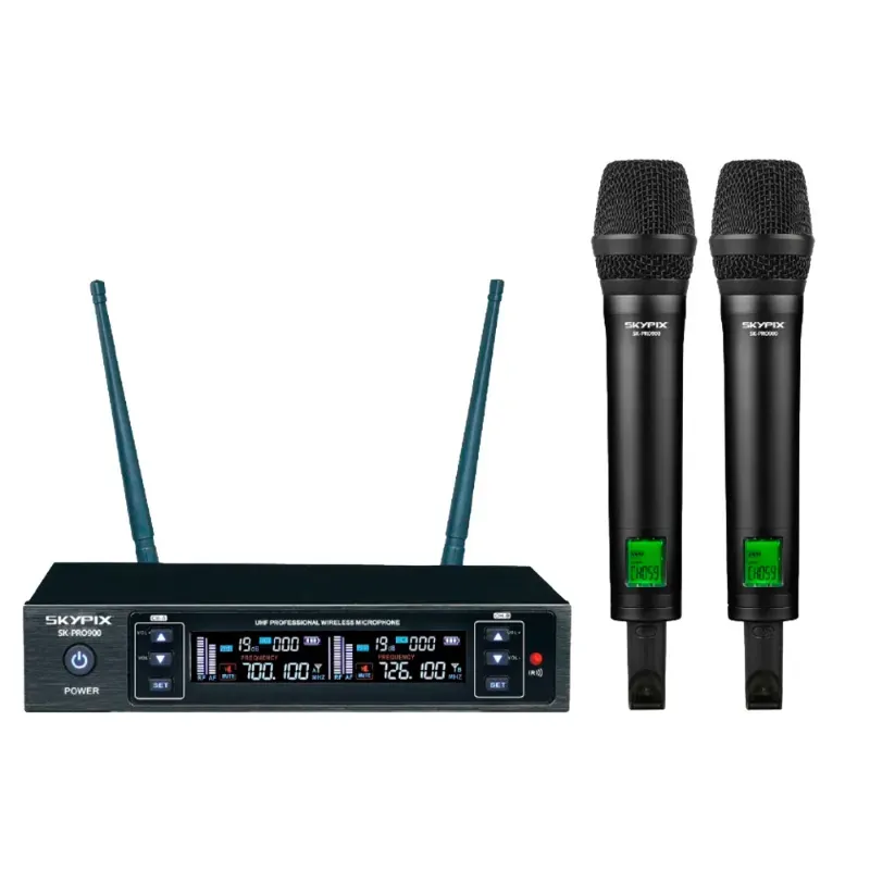 Microfone Sem Fio Duplo Skypix SK-PRO900 UHF 2x100 Canais